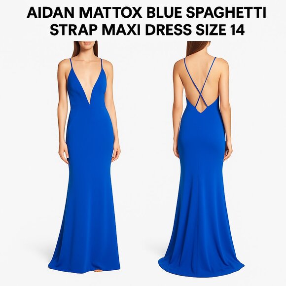Aidan Mattox Vibrant Blue Plunge Maxi Dress Size 14 - Picture 1 of 10
